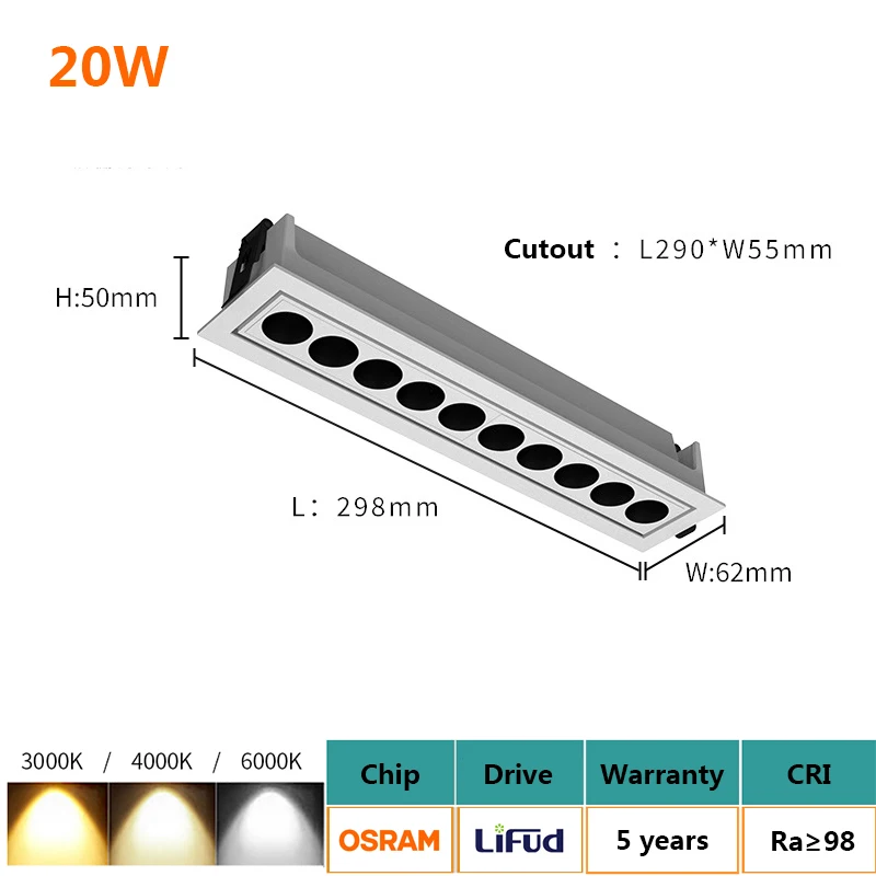 Adjustable Angle LED Linear Light Deep Anti Glare Recessed Long Grille Lamp 10W 20W Embedded Tuya Zigbee Dimmable Line Spotlight