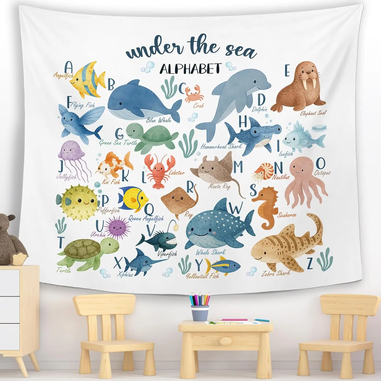 Classroom Sea Animals Alphabet Wall Tapestry Hanging for Bedroom, Nursery Coastal Ocean Tapestries, Watercolor Cute Abc Beach