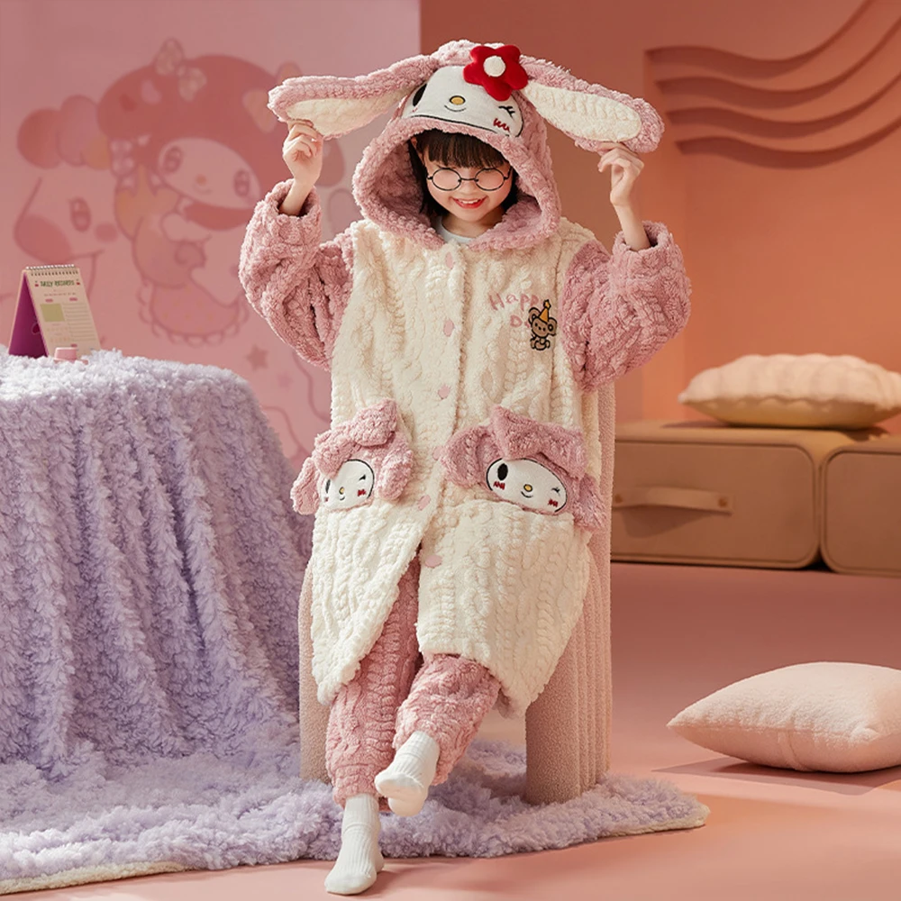 Sanrios Cinnamoroll Pochacco Kt Cat Children\'s Nightgown Anime Kawaii Coral Velvet Thickened Warm Hooded Pajamas Winter Homewear