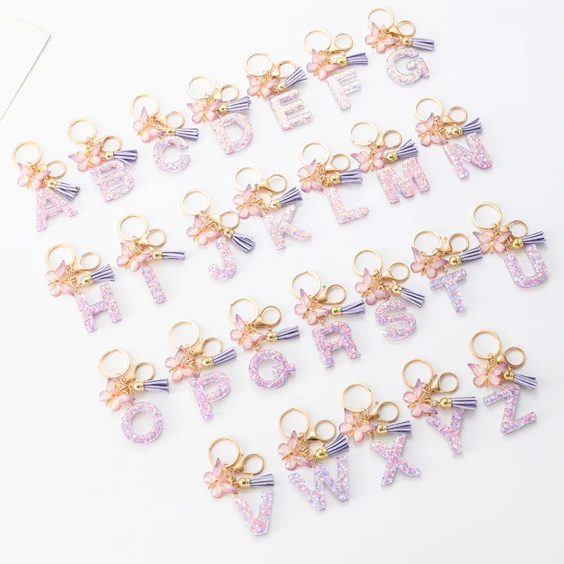 Sequin Letters Keychain for Women Tassel Butterfly Pendant Initial Keyring Purse Suspension Bag Charms Car Key Chain Accessories