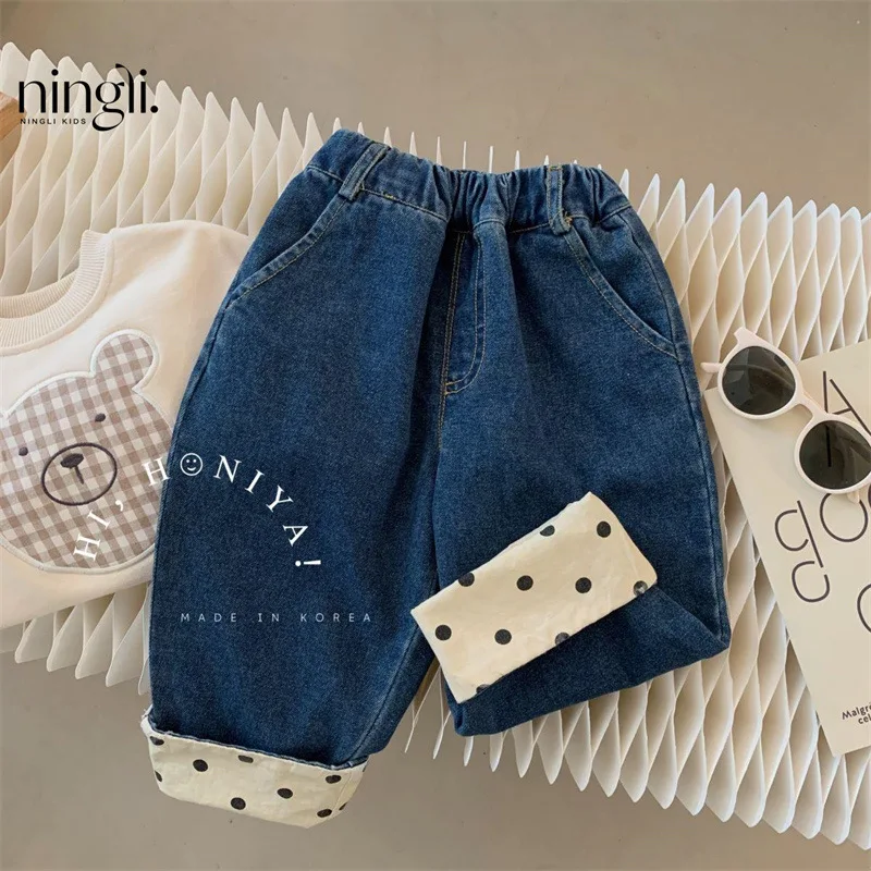 

Girls' Spring and Autumn Jeans Children Baby Girls' Autumn Polka Dot Color-Contrasting Stripe Elastic Jeans Soft and Trendy