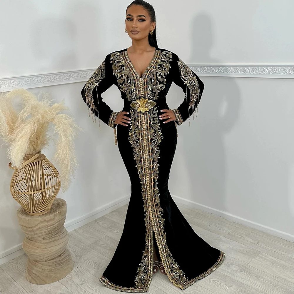 Luxury Dubai Kaftan Evening Dress Chic Velour Embroidery Moroccan Prom Party Gown Floor Length Marriage Customized Beading