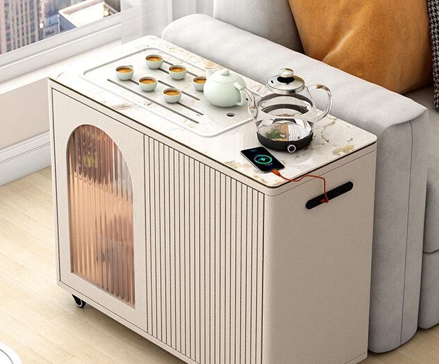 

Cream wind slate tea table with wheels mobile small tea table sideboard extremely narrow office intelligent water cabinet