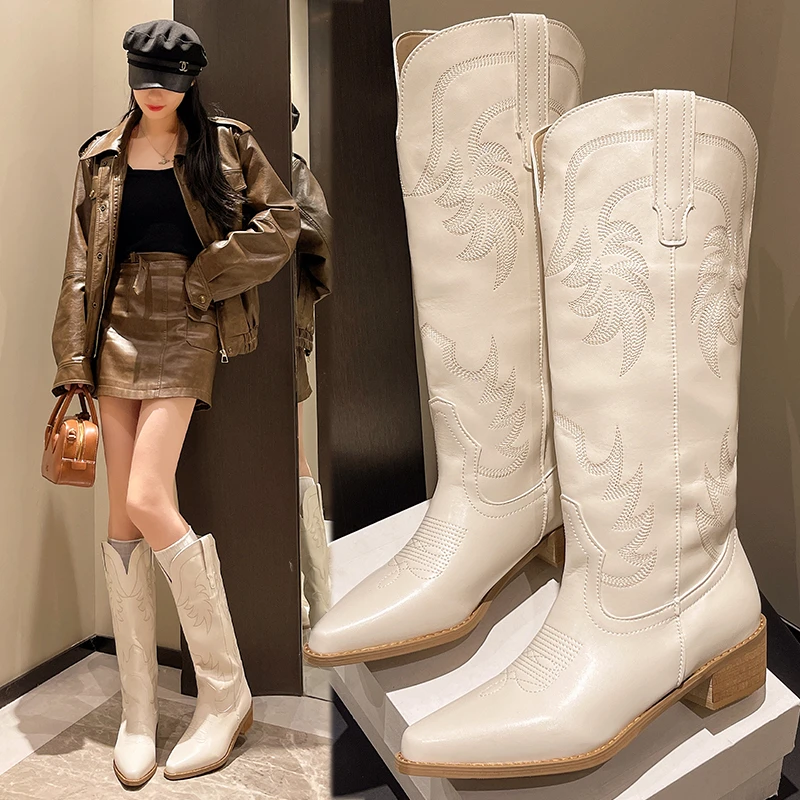 

New Style Popular Pointed Toe Knight Boot for Women Brown Leather Knee High Boots Woman Autumn Winter Western Cowboy Long Boots