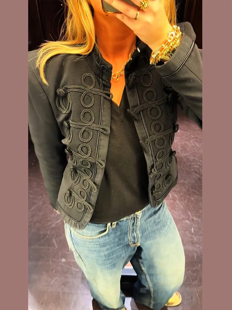 

Винтажный короткий блейзер с утягивающим узлом, однобортный, с подплечниками, длинными рукавами, черное пальто, весна 2026, новинка женской верхней одежды