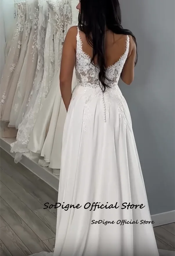    ชุดแต่งงานทรงเอไลน์แบบไม่มีแขน คอวี ประดับลูกไม้ ชุดเจ้าสาวแบบยาว ชุดเจ้าสาว สามารถสั่งตัดได้