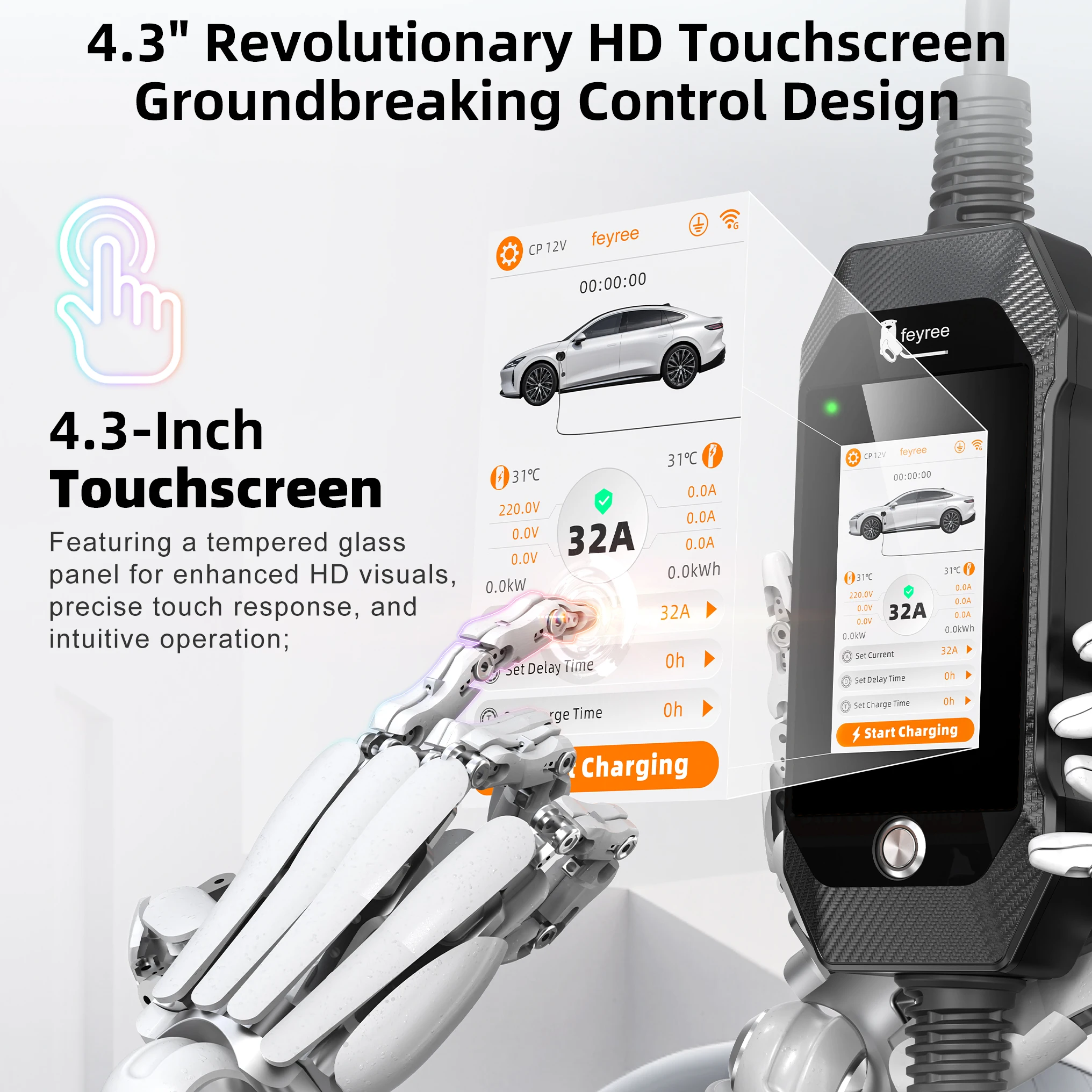Feyree  Protection with Smart APP OTA Charging Plug Portable 7kW 4.3'' TouchScreen Type1 EV Charger Dual Temp Upgrade AC Charger
