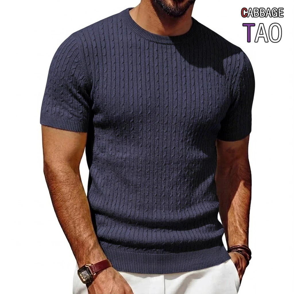 Mens New Summer Knit Short Sleeve Tops Soft Touch Crew Neck Shirts Casual Ribbed Knit Tees Lightweight Daily Knitwear for Men