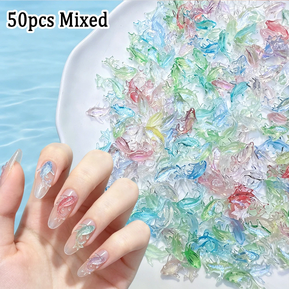 50pcs Mixed Color 3D Koi Fish Resin Nail Art Charms Cute Transparent Glitter Goldfish Nail Decorations Summer DIY Nail Art Suppl view 2