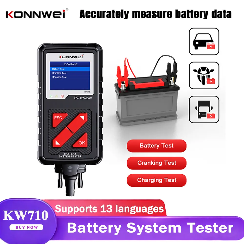 KONNWEI KW710 autó akkumulátor teszter 6V/12V/24V 100-2000CCA akkumulátor terhelés teszter töltés diagnosztikai eszköz továbbfejlesztett csipesszel