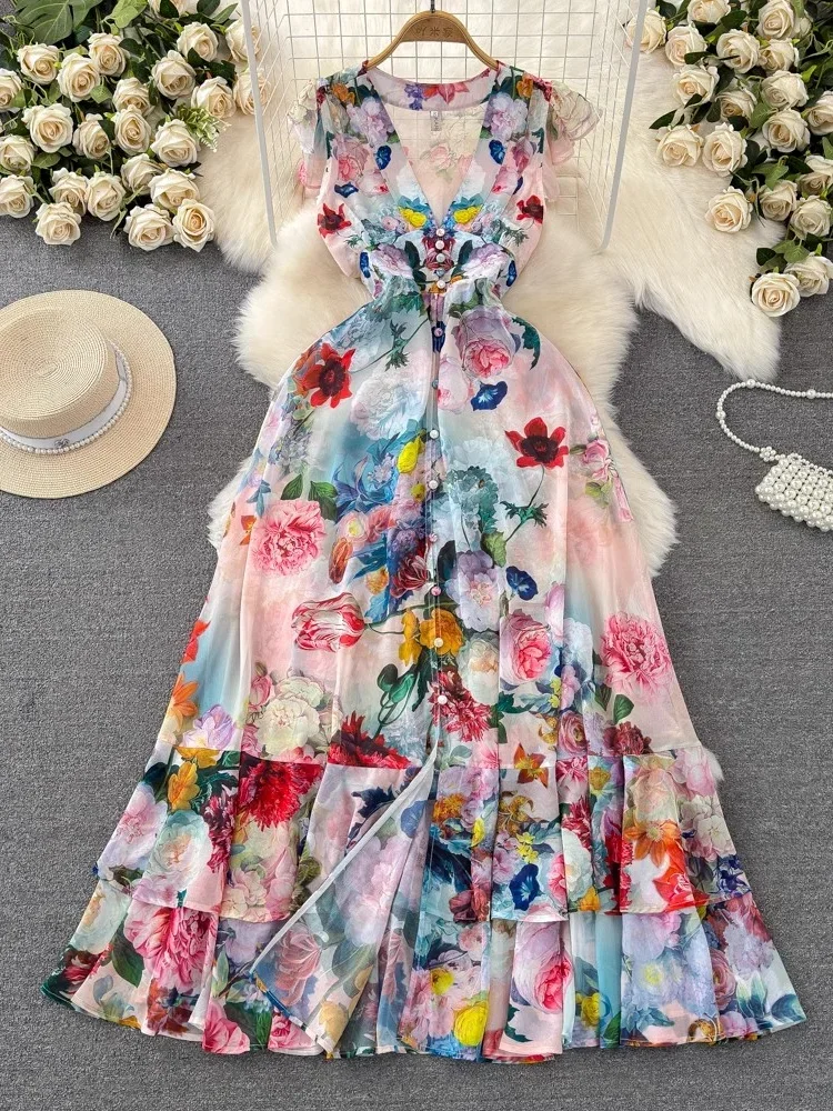 

Women Beach Party Dress Summer Flower Single Breasted Lotus Leaf Layer Dresses Ladies Sexy V-neck A-line Printed Long Robe