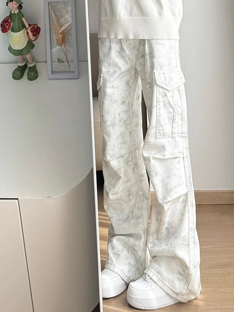 

Белые мужские джинсы с эффектом потертости и тай-дай, слегка расклешенные, в американском ретро-стиле, плиссированные, рабочие, прямого кроя, в стиле High Street Vibe