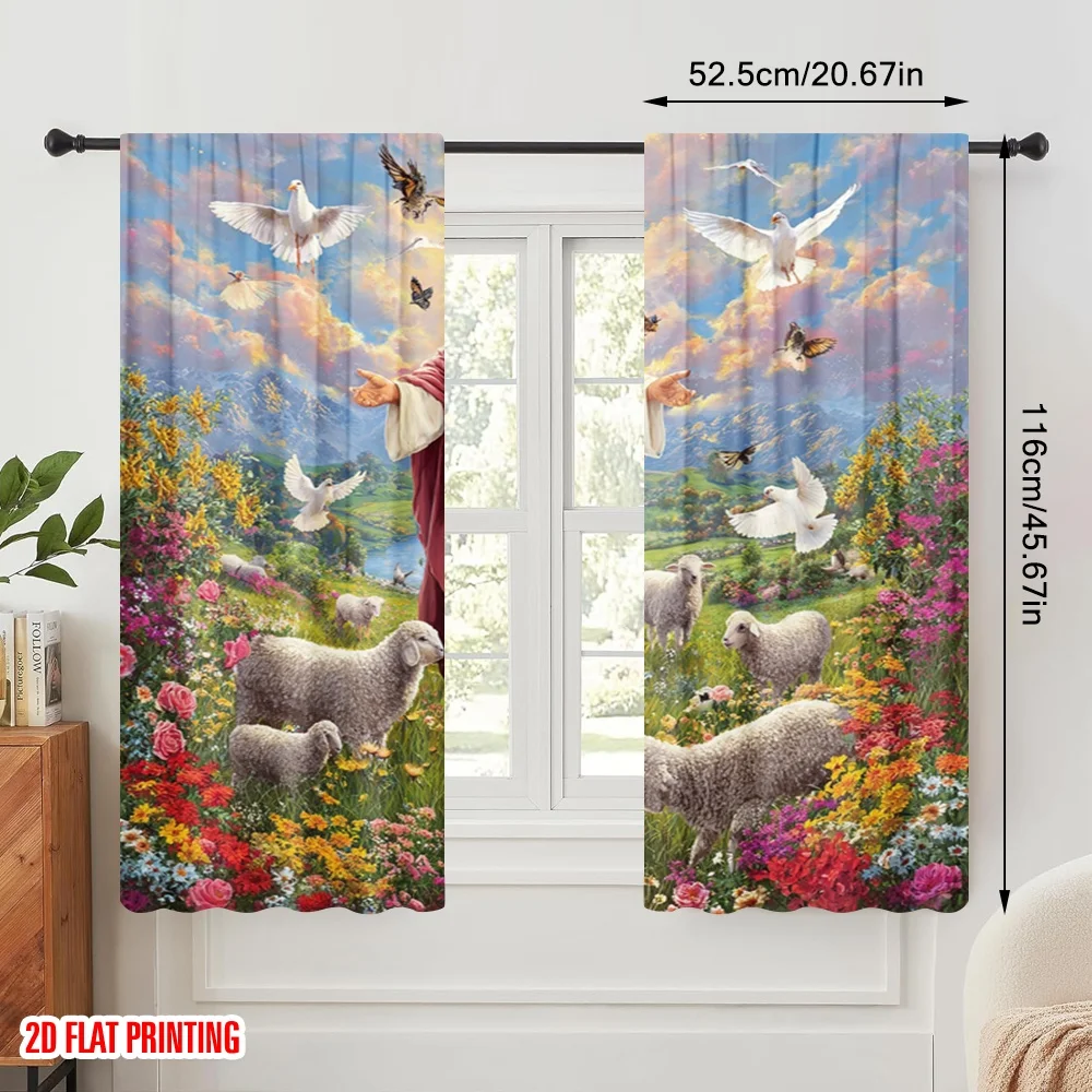 2pcs,2D plane printing Curtains Jesus the Good Shepherd Durable Polyester (without rod) Decorations For Home Ldeal for Bedroom