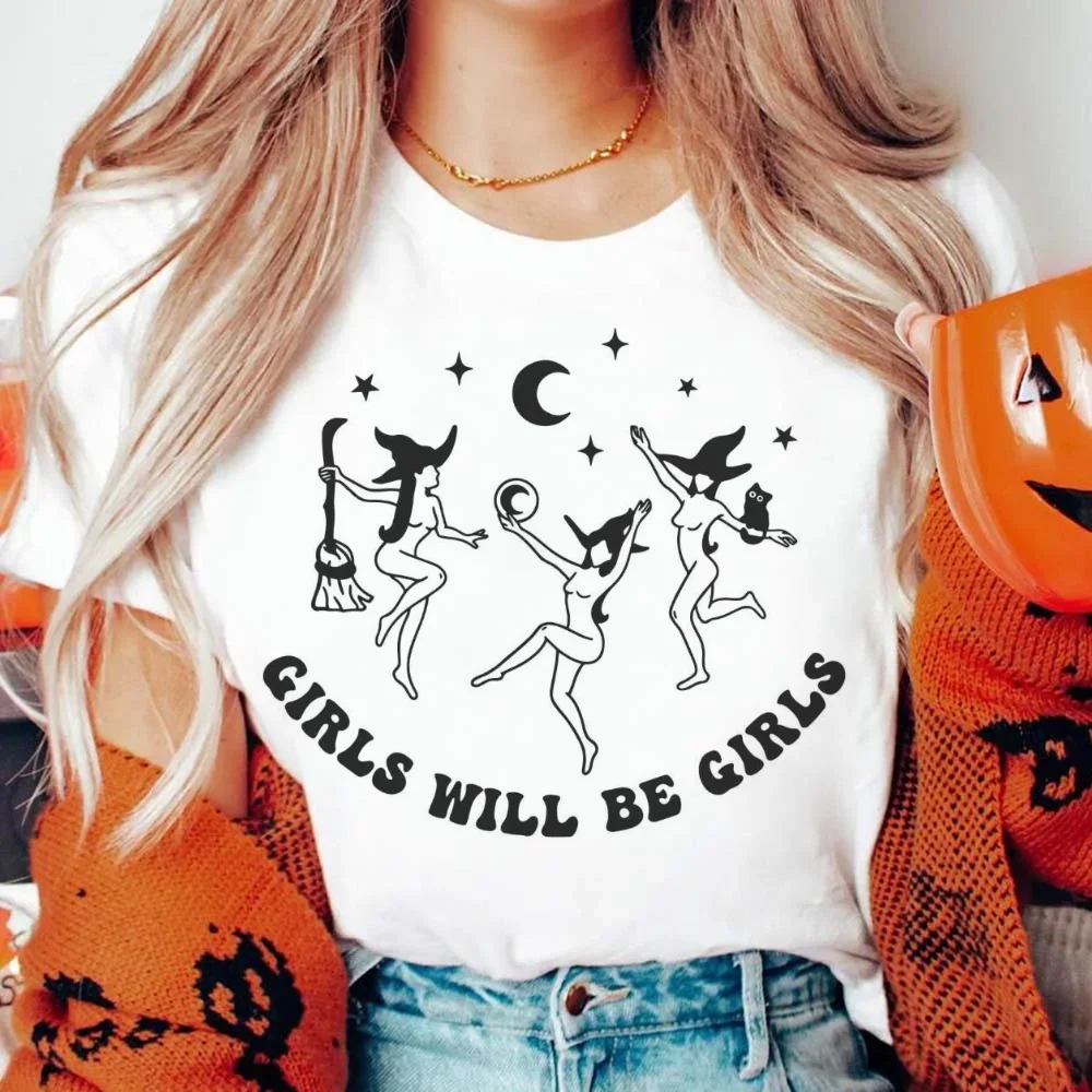 Retro Girls Will Be Girls Dancing Witches Pattern Women's Large Size T-Shirt Summer Clothing Fashion Round Neck Women's Top T-Sh