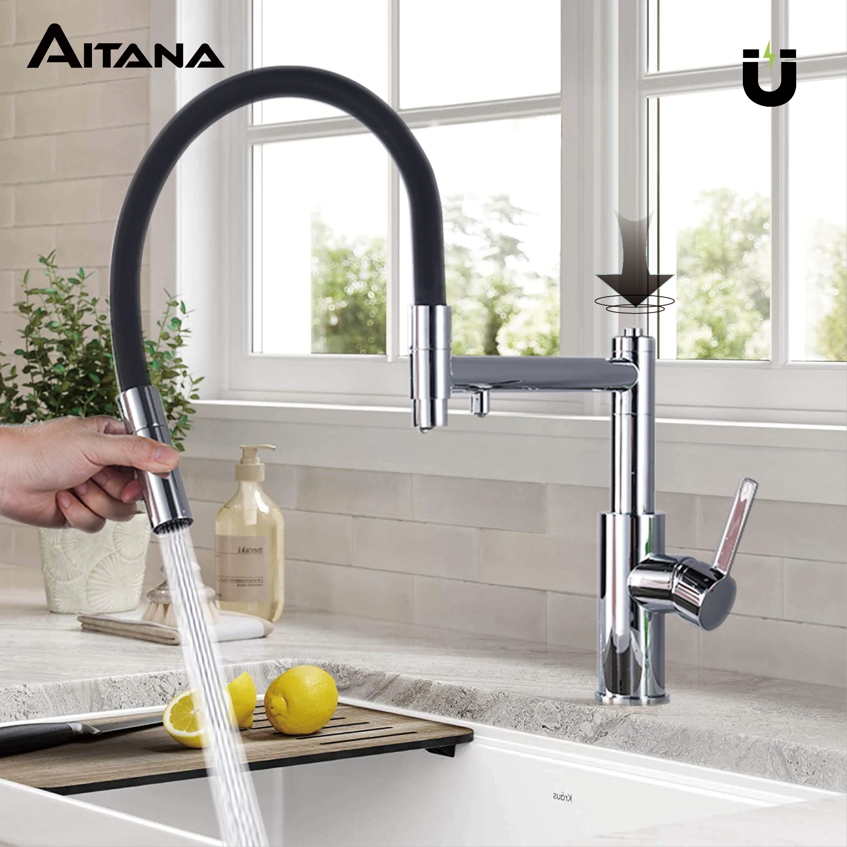 Luxury chrome brass kitchen faucet with one handle for hot&cold water Simple design Pull-out style with filtered water sink Tap