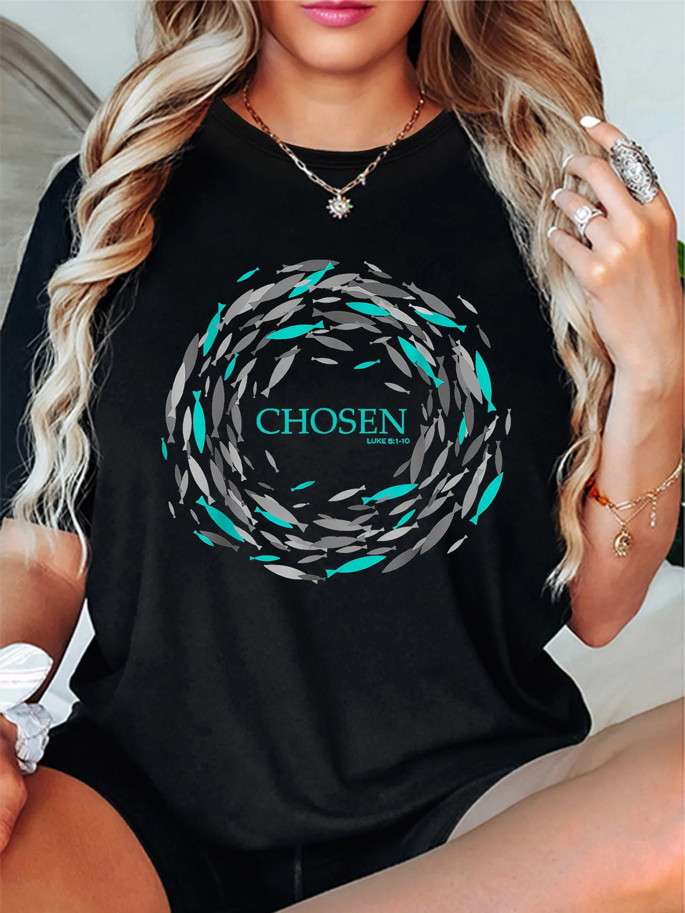 

Women's Casual Short Sleeve T-Shirt With Cartoon Fish Print Round Neck Sports & Daily Wear Women's Clothing