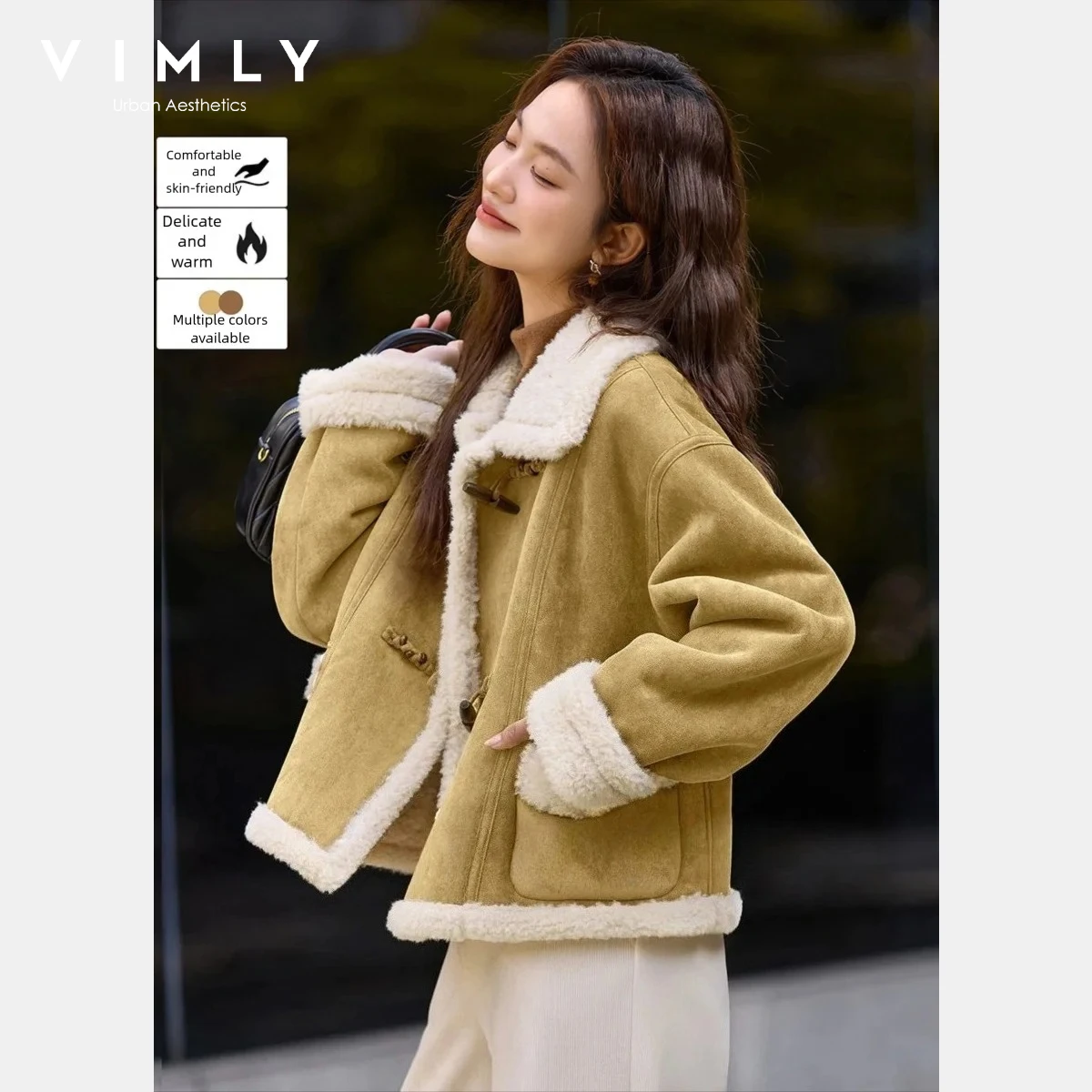 VIMLY Fashion Faux Leatehr Jackets for Women Retro Horn Button Fleece Lined Outerwears Stand Up Collar Warm Lady Coats 30615