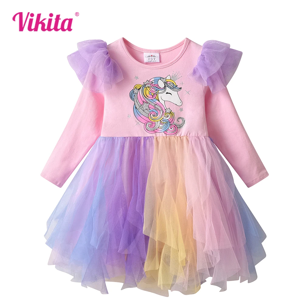 

VIKITA Girls Licorne Cartoon Print Flare Sleeve Autumn Spring Dresses Kids Colorful Rainbow Dresses Girls Princess Pink Dress