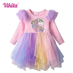 VIKITA Girls Licorne Cartoon Print Flare Sleeve Autumn Spring Dresses Kids Colorful Rainbow Dresses Girls Princess Pink Dress