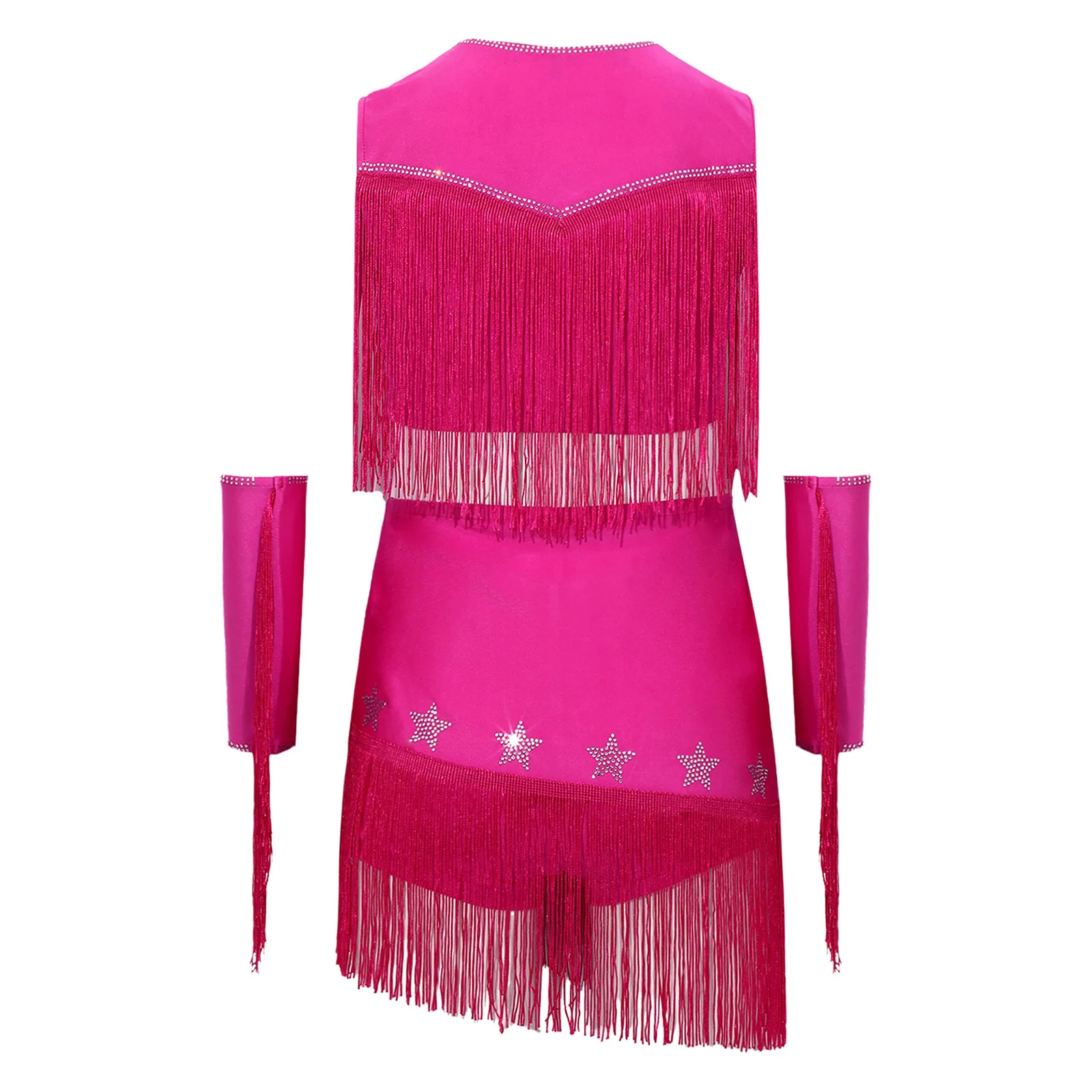 Traje de Vaquera para Niñas, Disfraz Hippie con Borlas, Conjunto Infantil con Top de Lentejuelas y Pedrería, Falda con Pantalones Cortos Integrados para Baile de Jazz