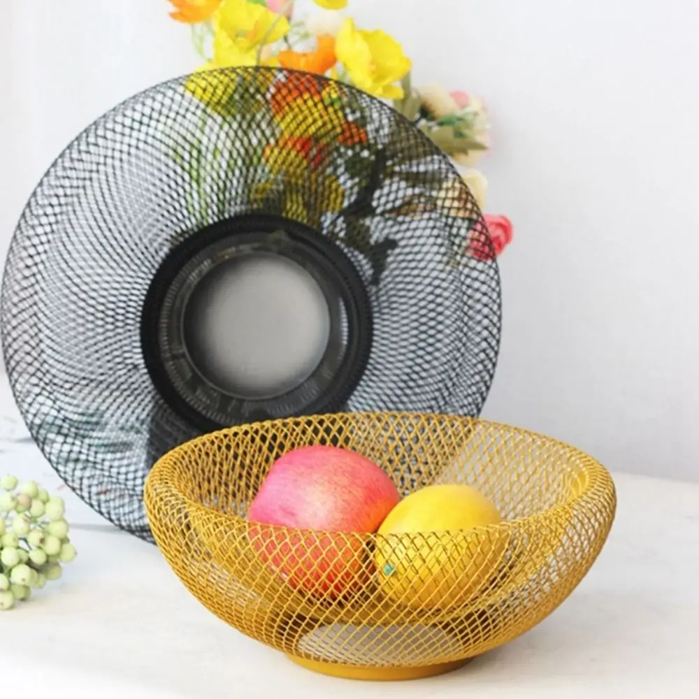 Cesta de Frutas Redonda Grande de Hierro Forjado Negro/Dorado, Cesta Decorativa Hueca para Frutas y Verduras, para Sala de Estar