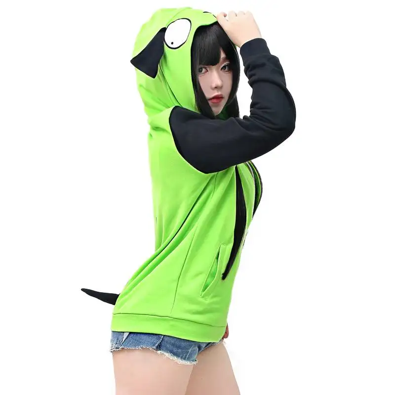 WENAM ZIM-Hoodie unissex com orelha para adulto, cachorro verde casual, moletom com capuz com zíper, traje Cosplay Halloween, jaqueta de desenhos