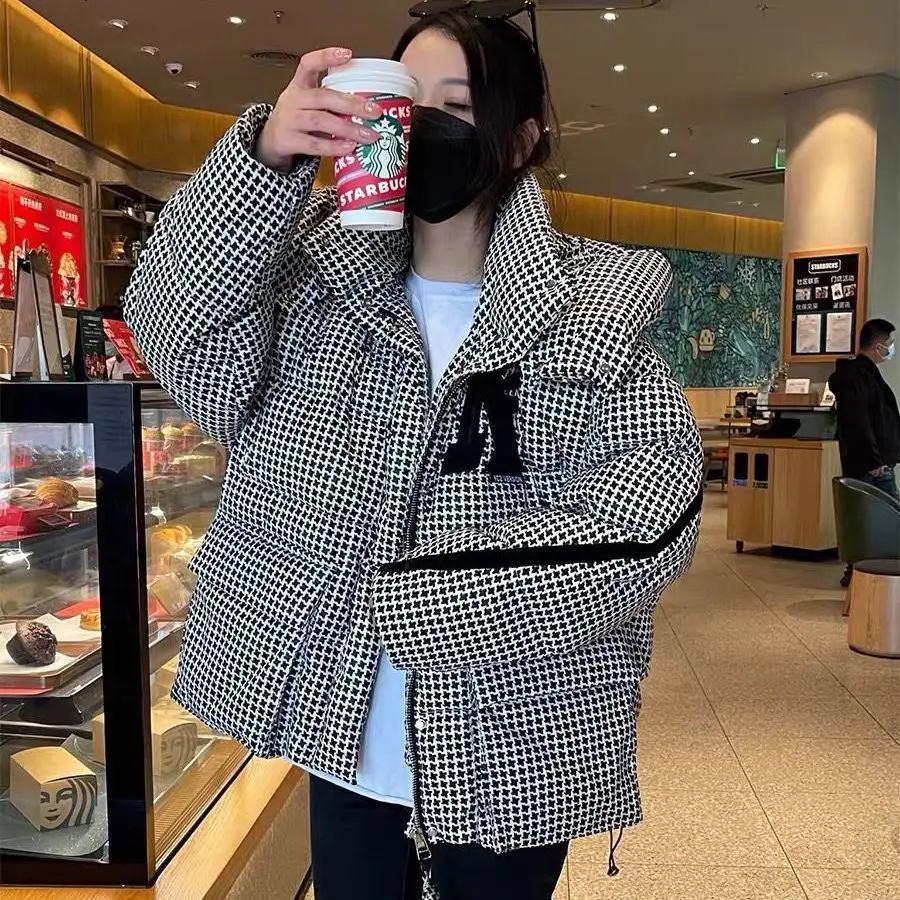 Black White Checkered Thicken Hooded Down Jacket Fashion Patchwork Loose Casual Down Jacket 2023 Women's Office Lady Down Jacket