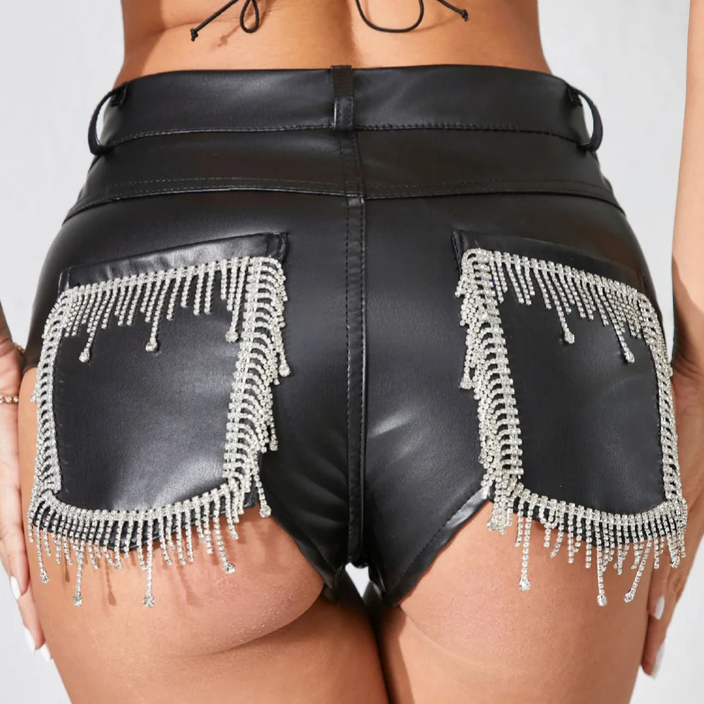 Women's Fringed Crystal High Waist Sexy PU Leather Shorts Fashion Booty Shorts