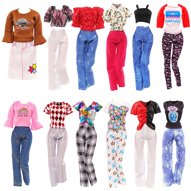 1Set Dollhouse Miniature Fashion Clothes Doll Dresses/Pants/Shirts/Short Sleeves Casual Summer Clothes Toys For 30cm Dolls