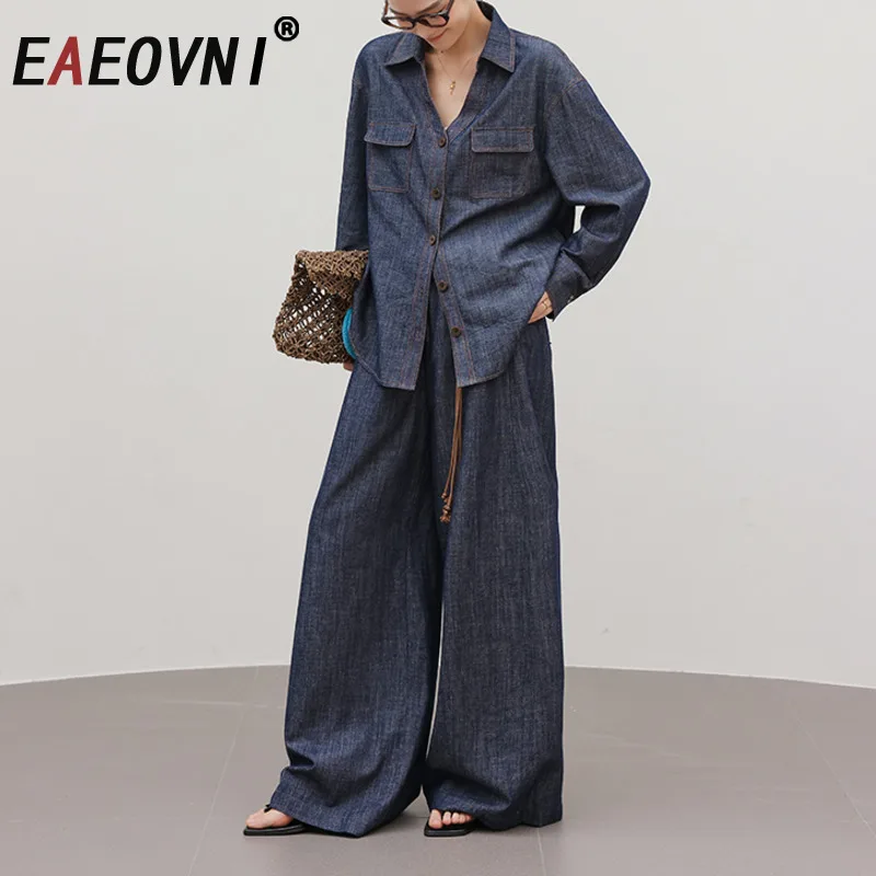 

EAEOVNI Повседневный джинсовый комплект из 2 предметов, женская модная рубашка с v-образным вырезом и карманами с длинными рукавами + широкие брюки, мода, новинка осени 2023 г.