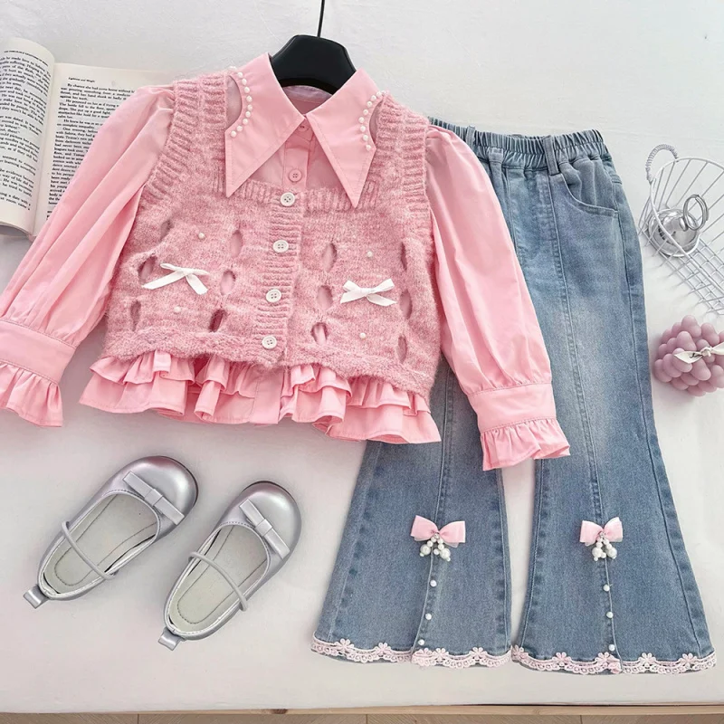 

Girls Fashionable Knitted Suit Autumn2025Baby Girl Bowknot Vest Shirt Denim Flared Pants Three-Piece Set