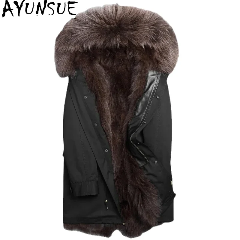 AYUNSUE Real Fur Coat Men Parka Natural Fox Fur Liner Long Winter Jacket Warm Men's Fur Coats and Jackets Plus Size P1888240
