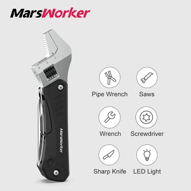 MarsWorker Multi-function Combination Wrench with LED Light Camping Hiking Multi-Function Folding Tool Bicycle Repair Hand Tools