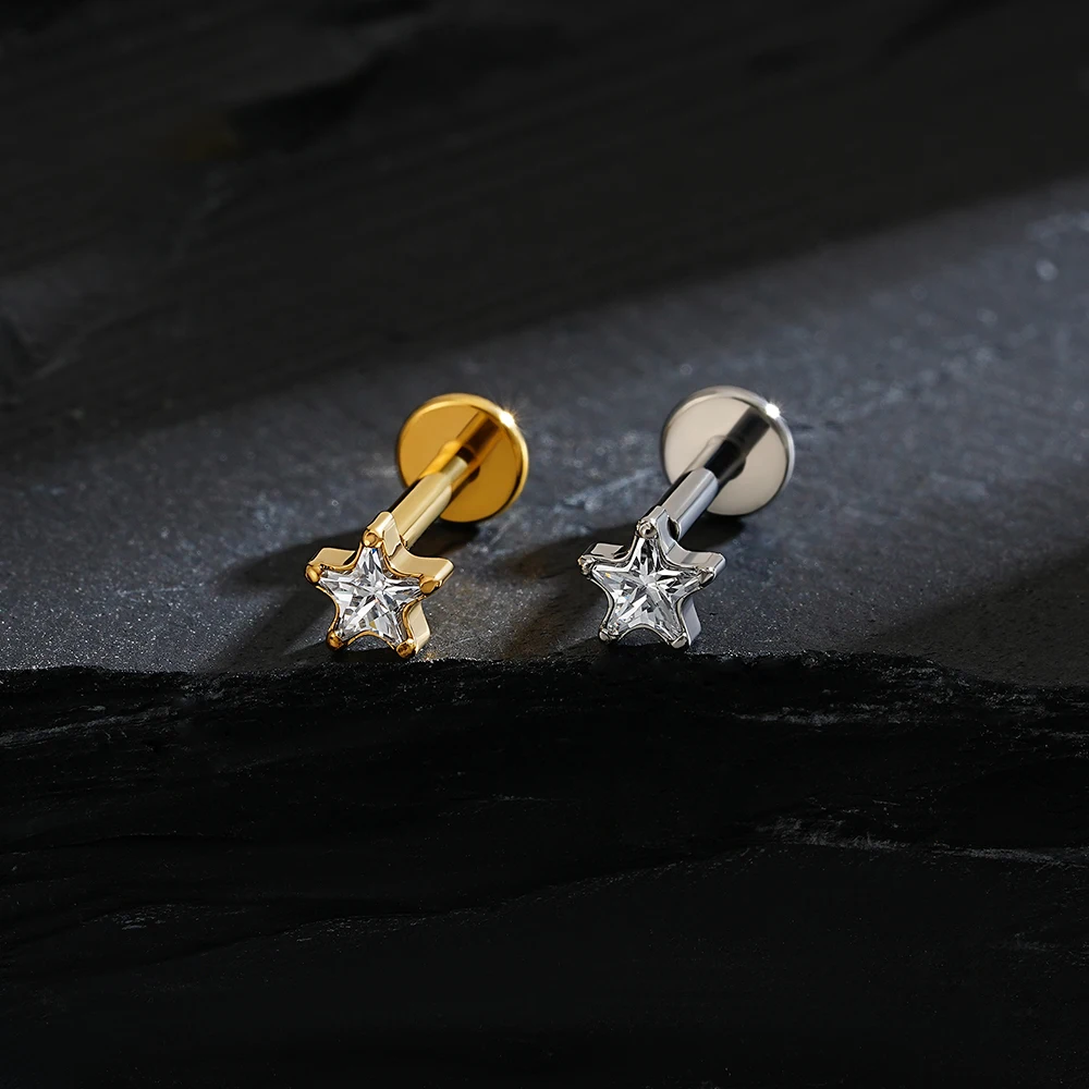 Right Grand ASTM F136 Titanium Star CZ Cartilage Earring 16G Dainty Star Flat Back Stud Internally Threaded Tragus Conch Helix Nose Labret Stud Piercing Jewelry