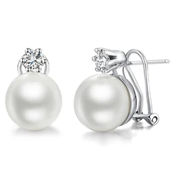 Huitan Trendy Korean Style Piercing Stud Earrings Women Graceful Simulated Pearl Jewelry for Engagement Shiny CZ Accessories