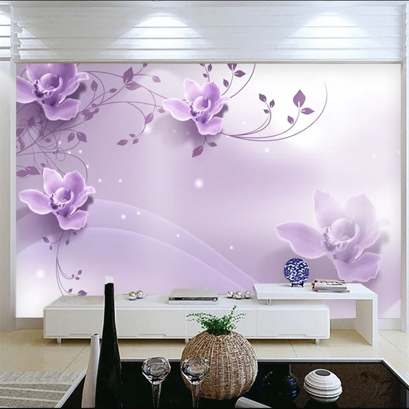 Papel tapiz personalizado 3D romántico elegante con flores moradas para sala de estar, TV, pared de fondo, pintura de pared 3D, decoración de pared del hogar