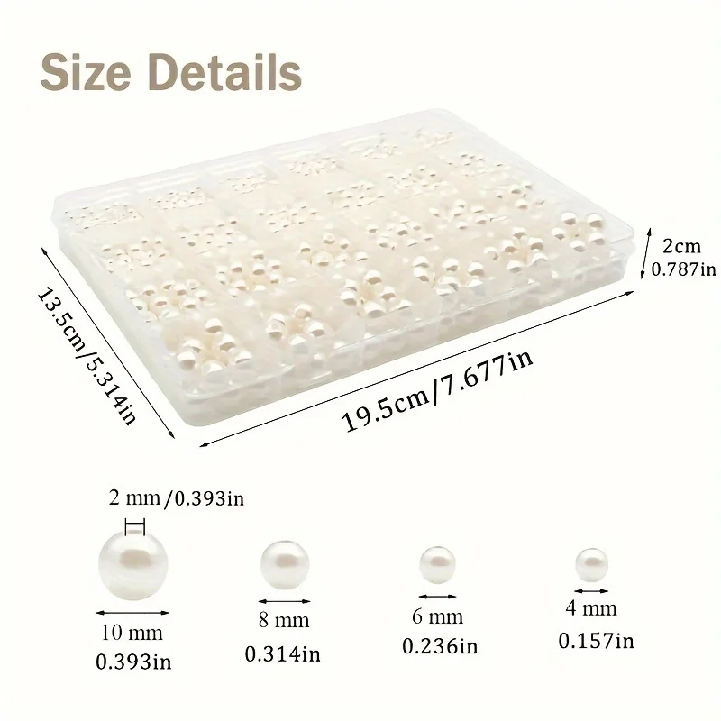 1500pcs Includes 4/6/8/10mm Beads, Pure White Acrylic Beads, Beige Acrylic Bead Box, For DIY Making