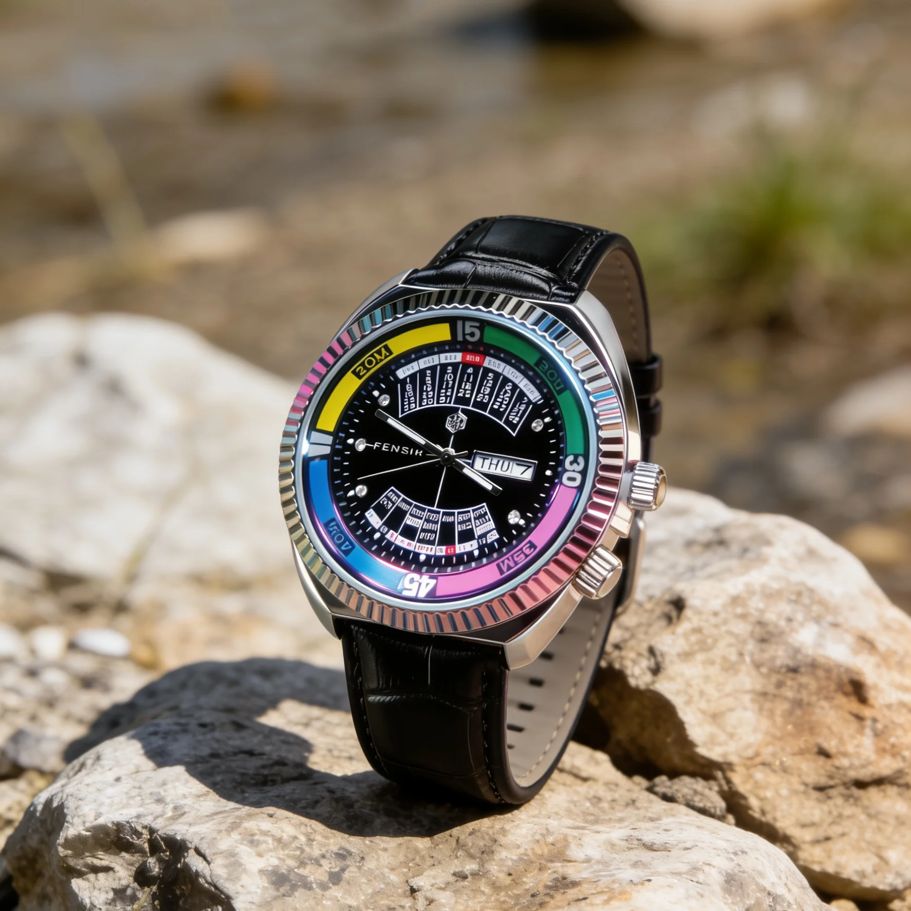 

New High-End Men's Quartz Watch Rainbow Dial Calendar Date Display Leather Strap Waterproof Sports Watch Streetwear Fashion Accessory Gift