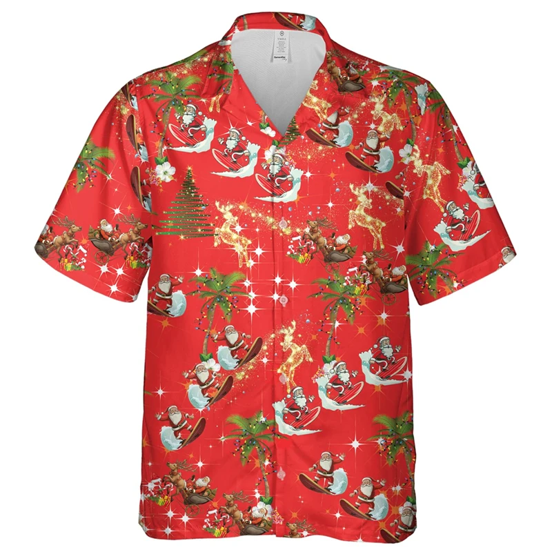

Hawaii Christmas Party Shirts For Men Clothes Cute Snowman Santa Claus Short Sleeve Casual Unisex Blouses Xmas Gift Lapel Blouse