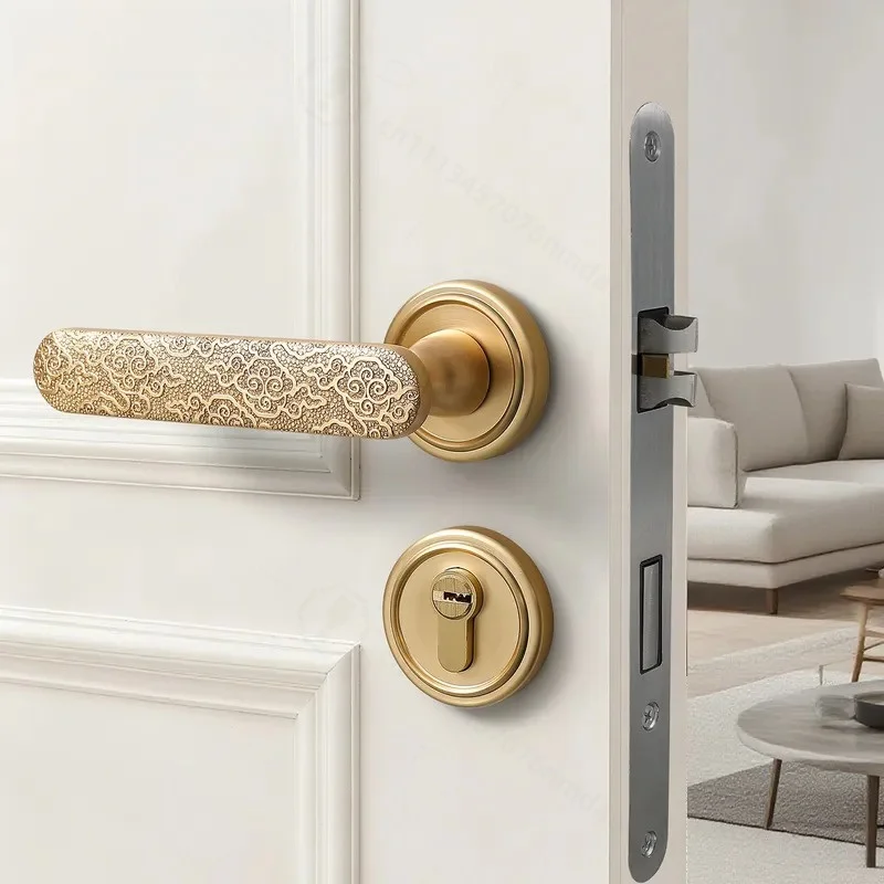 New Chinese Style Copper Brushed Gold Magnetic Suction Silent Indoor Door Lock for Bedroom Bathroom Solid Wood Handle