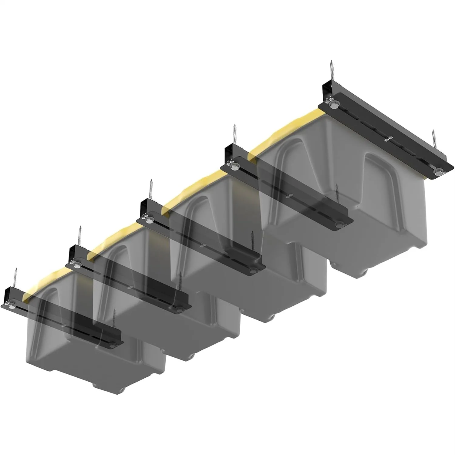 

Garage Ceiling Bin Storage Rack for 16" Joist, Heavy Duty Overhead Tote Slide Rails Holds 4 Bins with 5 Rails