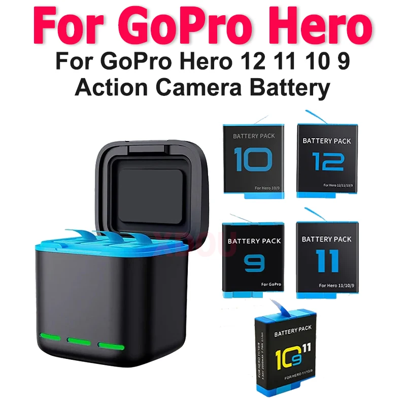 2000mAh Li-ion Battery For GoPro Hero 12 11 10 9  Motion Camera Rechargeable Bateria Storage 3 Slot Fast Charger Batteries