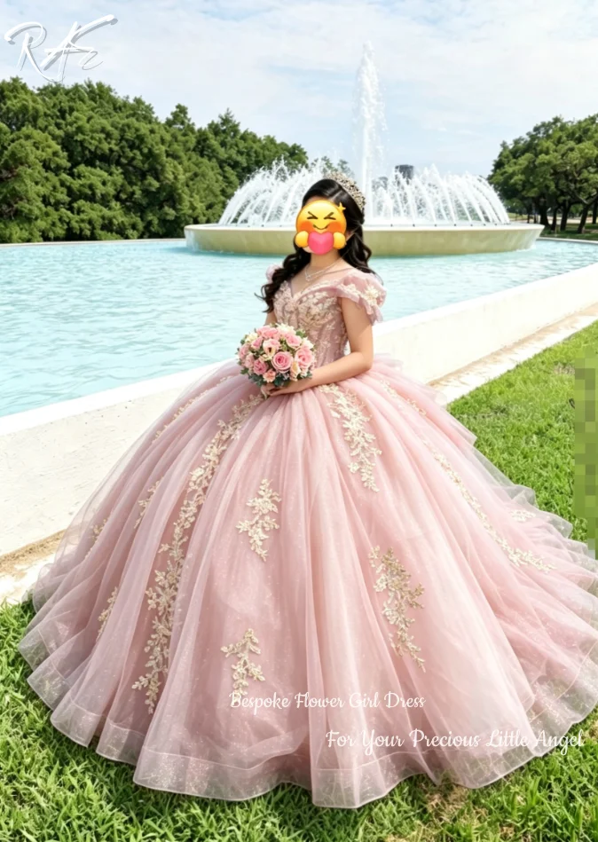 Puff Sleeve Lace Appliqued Puffy Flower Girl Dress For Wedding Birthday Pageant Formal Gowns A-Line Floor Length Glitter Tulle