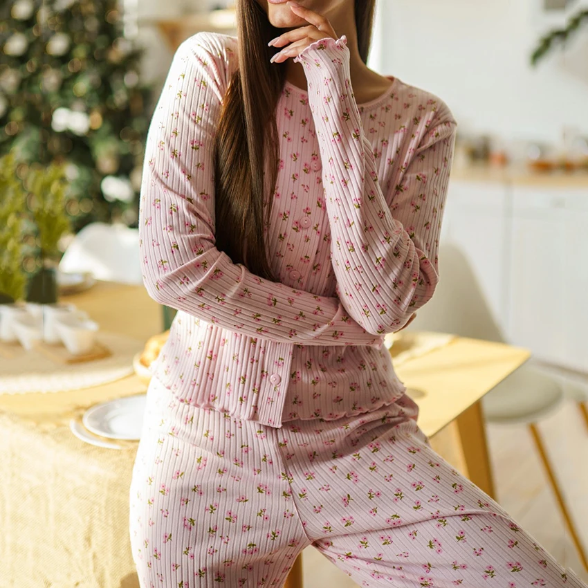 

Hiloc Home Print Ruffles Pajamas Suit Casual Autumn Long Sleeve Blouse With Wide Leg Pants 2 Piece Sets 2025 Cute Sleepwear Lady
