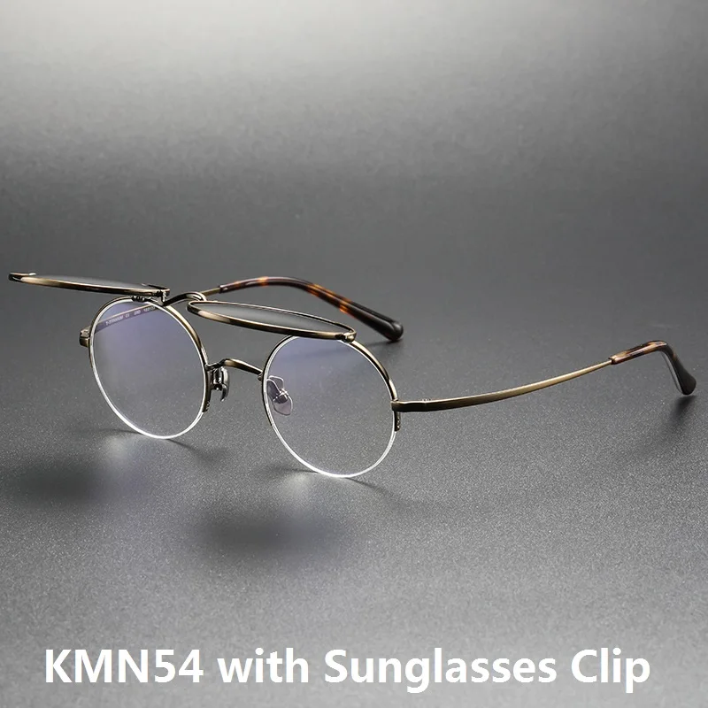 Japaneses Fashion Vintage Round Half Rimless Glasses Frame Men Women KMN54 Ultralight Sunglasses Clip Eyeglasses UV400 Titanium