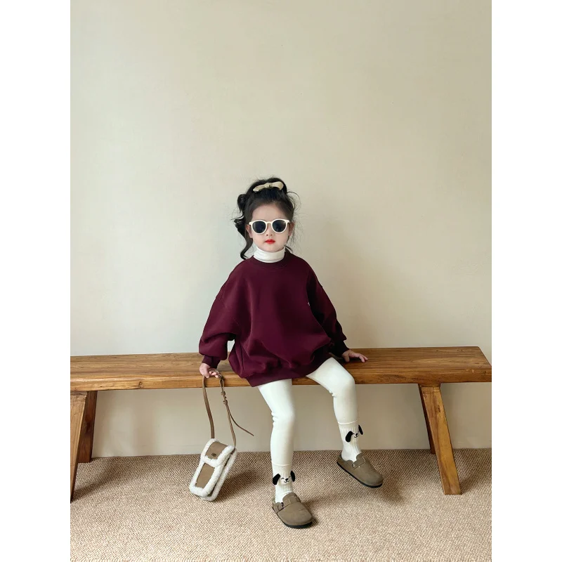 Girls' fleece-lined sweater2024Autumn and Winter New Children2-7Single-Layer Fleece-Lined-Year-Old Children's round Neck Top