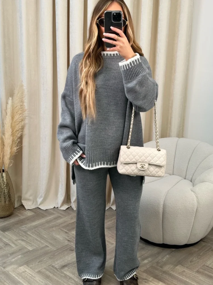 Striped Knitted Sweaters Long Pant Set Women Casual Split O-neck Pullover Suits With Maxi Pants Lady Autumn Chic Home Outfits