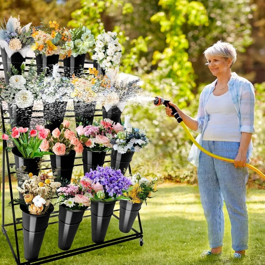 حامل عرض لعربة الزهور مكون من 4 طبقات مع عجلات و16 دلاء مستديرة لسوق المزارعين وعرض النباتات الخارجية والمقهى والحديقة ديكو