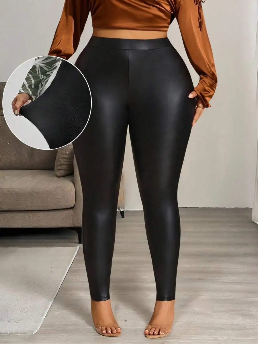 

Женские узкие брюки из искусственной кожи с высокой талией больших размеров, осенне-зимние однотонные черные леггинсы в форме песочных часов