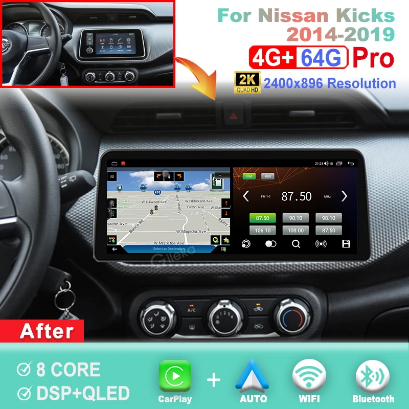 

12.3 inch 2K Screen Carplay Android For Nissan Kicks 2014-2019 Car Radio Stereo Multimedia Player GPS WiFi BT Head Unit